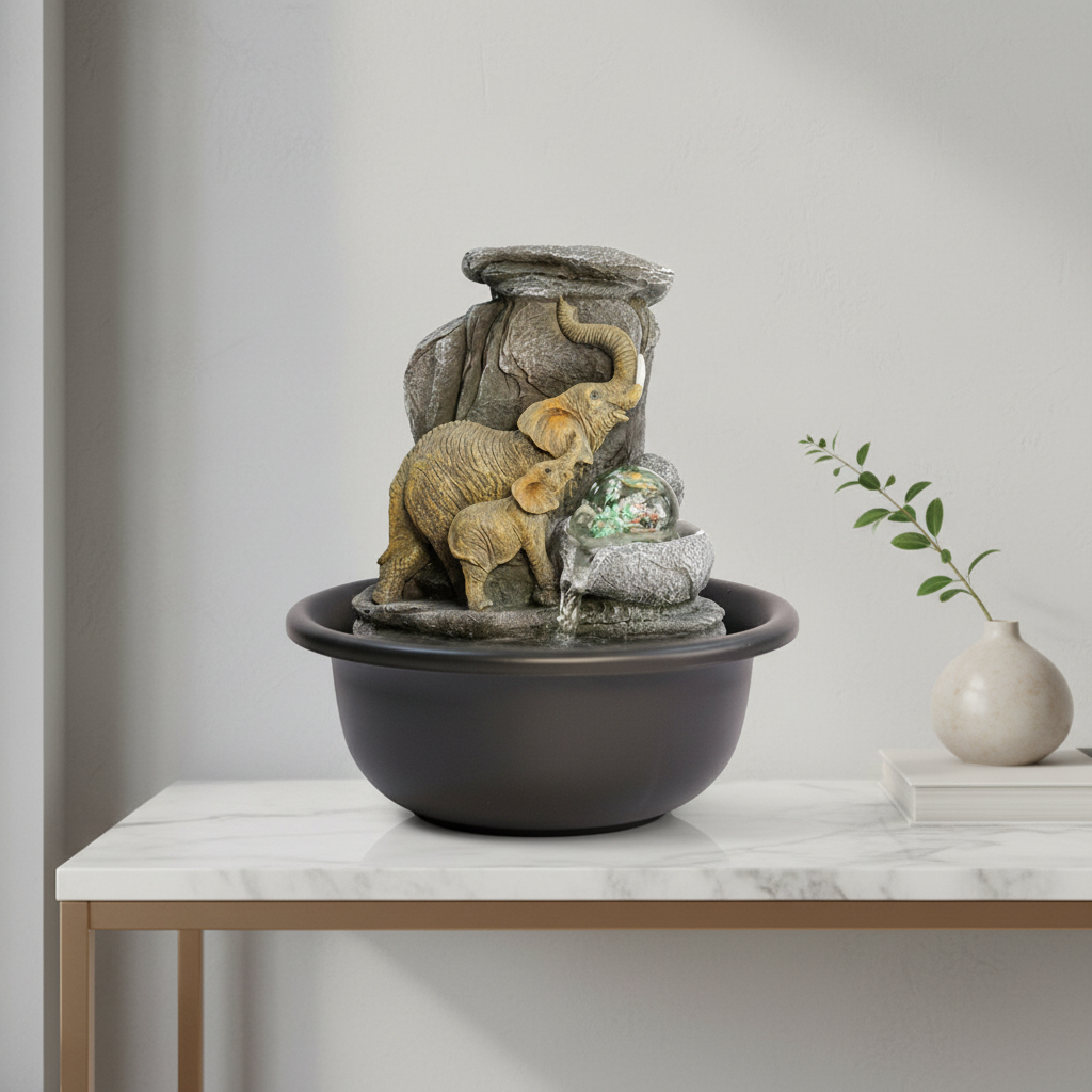 Fuente De Agua Mediana Elefantes Cascada Esfera Luz 25cm - Imagen 4