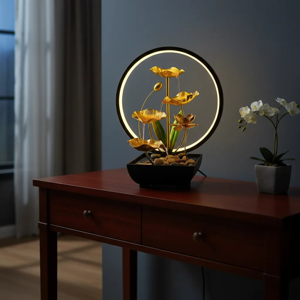 Fuente De Agua Grande Loto En Flor Cascada Aro Luz 38cm