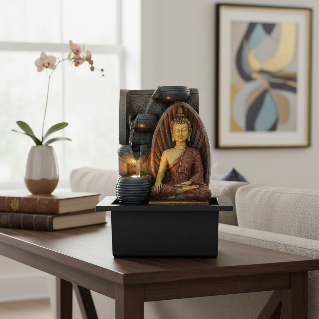 Fuente De Agua Mediana Buda Thai Aura Cascada Luz 25cm - Imagen 3