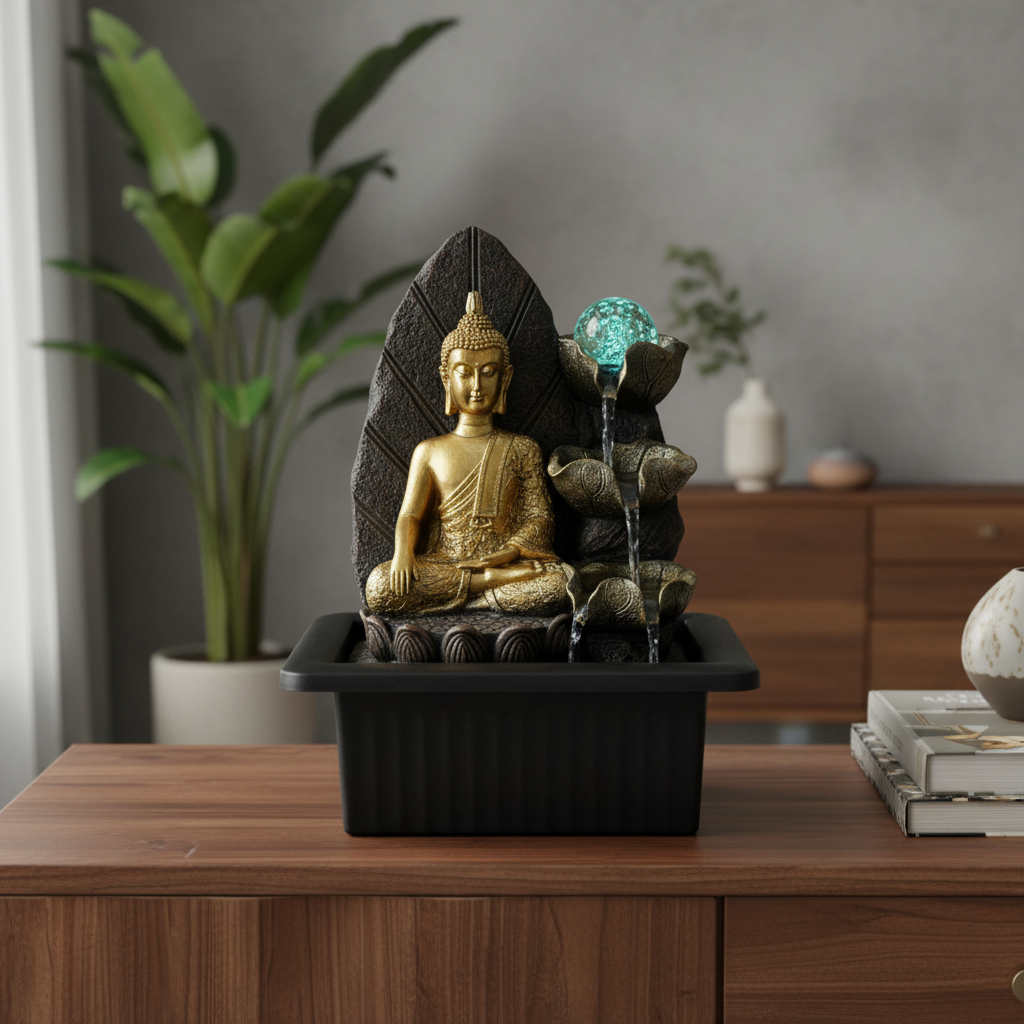 Fuente De Agua Mediana Buda Thai Cascada Esfera Luz 25cm - Imagen 2