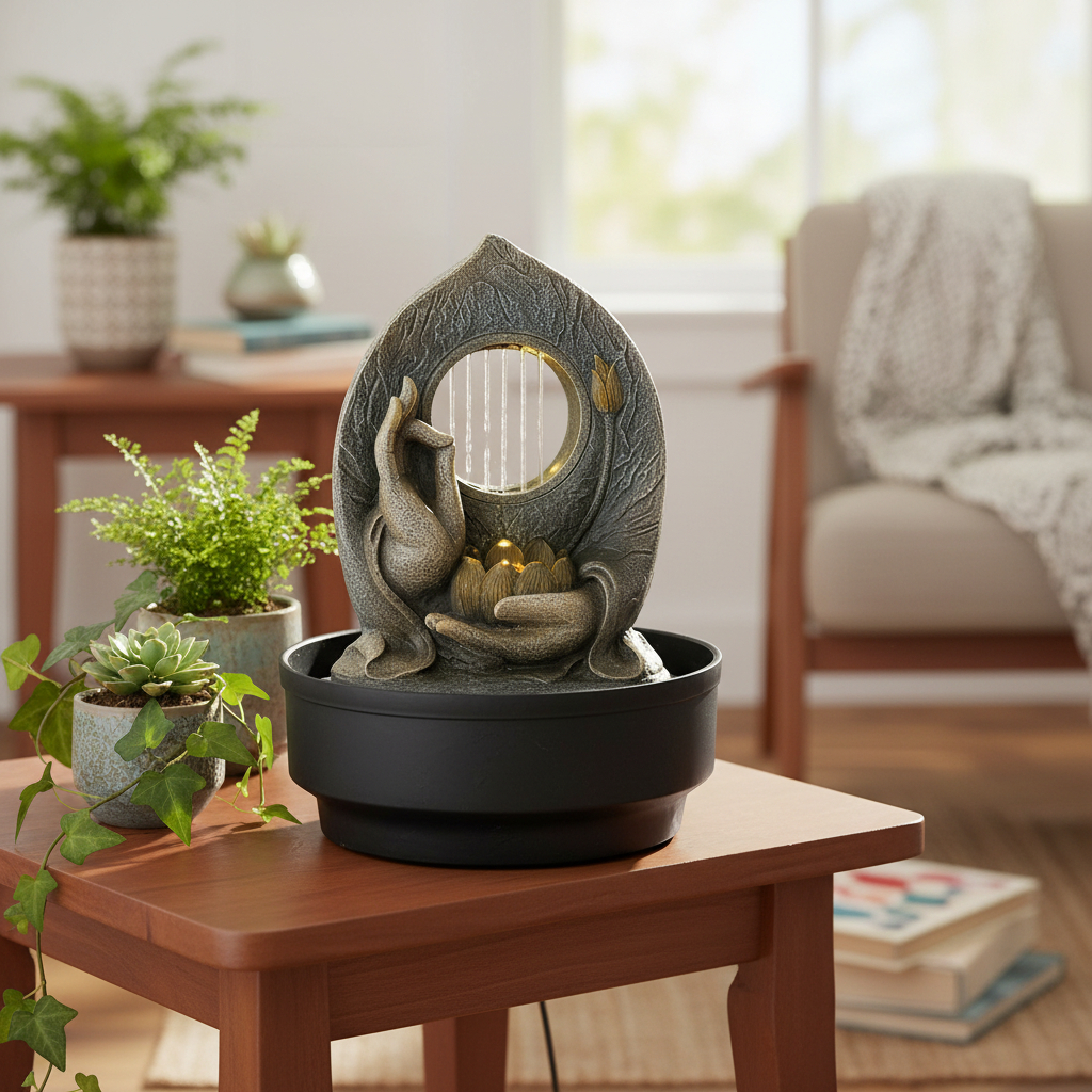 Fuente De Agua Mediana Mano Loto Lluvia Cascada Led 30cm - Imagen 7