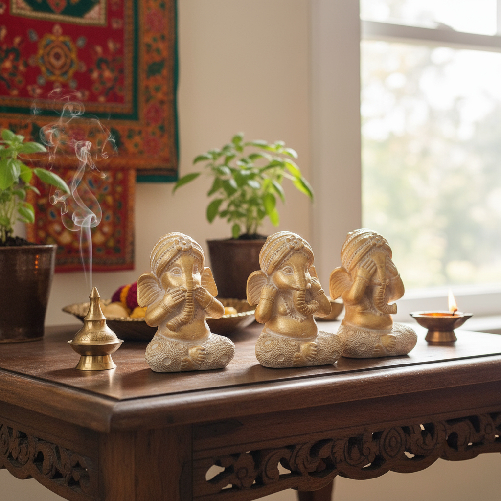 Set Ganesh Sabios Meditando Estatua Ciego Sordo Mudo 11cm - Imagen 3