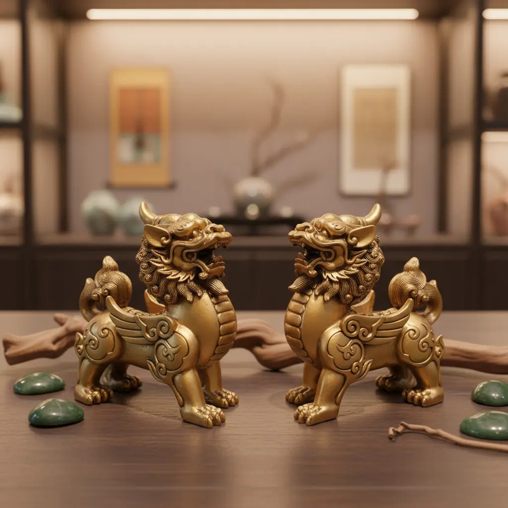 Set Pareja Perros Fu Alas Original Importado Dorado 11cm - Imagen 8