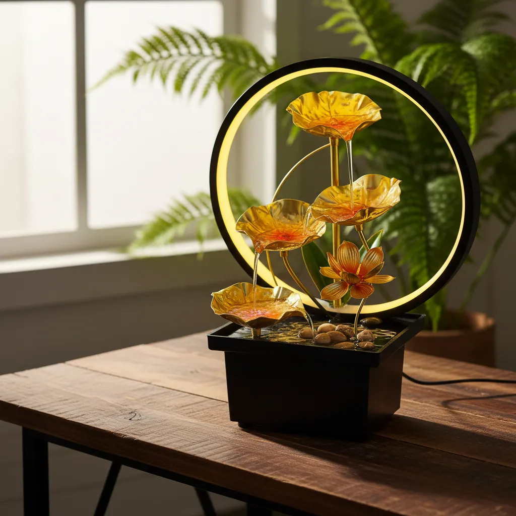 Fuente De Agua Grande Loto En Flor Cascada Aro Luz 38cm - Imagen 9