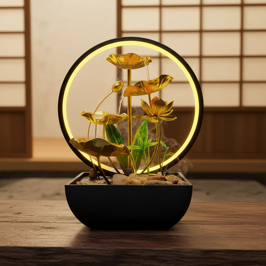 Fuente De Agua Grande Loto En Flor Cascada Aro Luz 38cm - Imagen 6