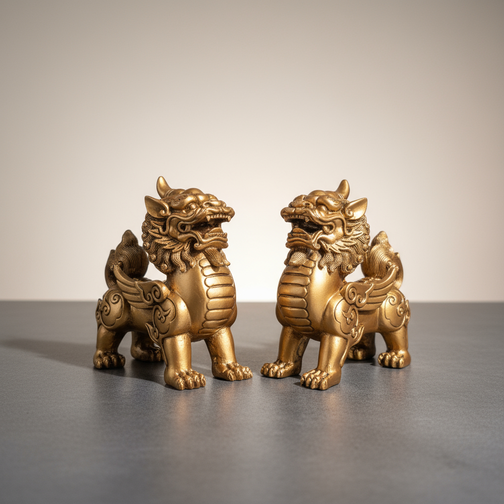 Set Pareja Perros Fu Alas Original Importado Dorado 11cm - Imagen 4