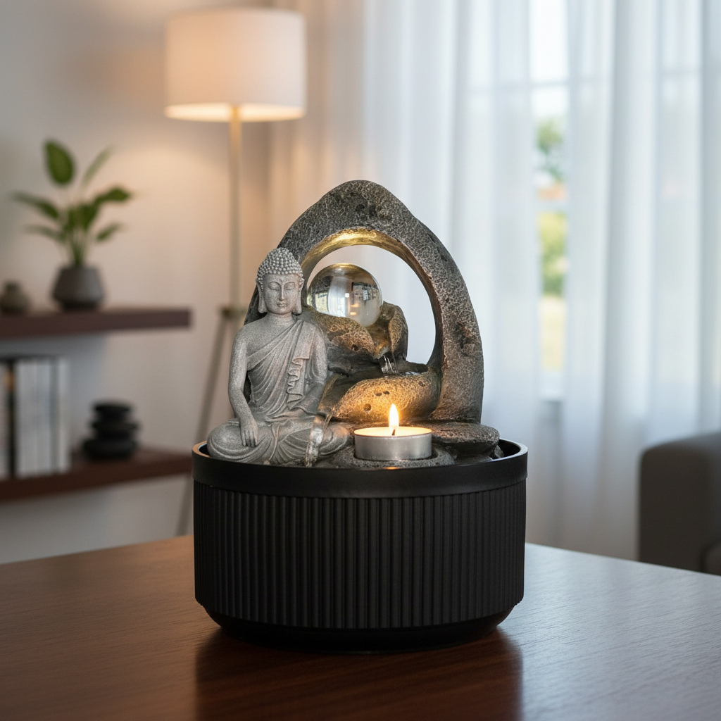 Fuente De Agua Mediana Buda Meditando Rocas Cascada 26cm - Imagen 3