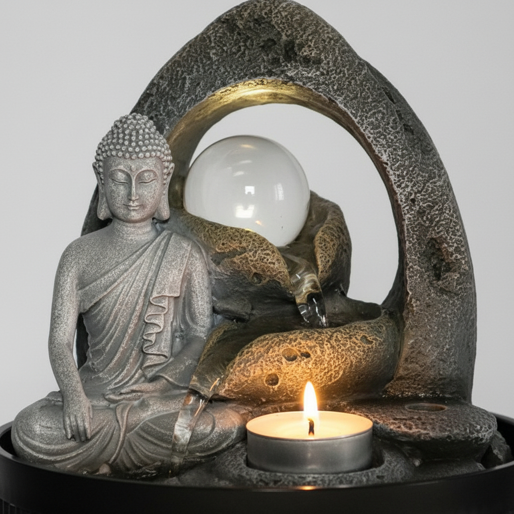 Fuente De Agua Mediana Buda Meditando Rocas Cascada 26cm - Imagen 8