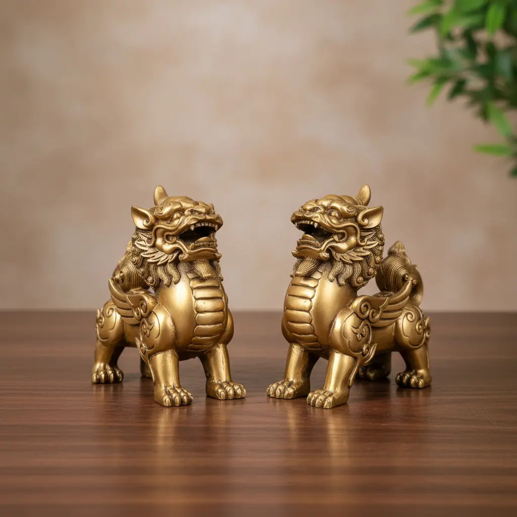 Set Pareja Perros Fu Alas Original Importado Dorado 11cm - Imagen 5