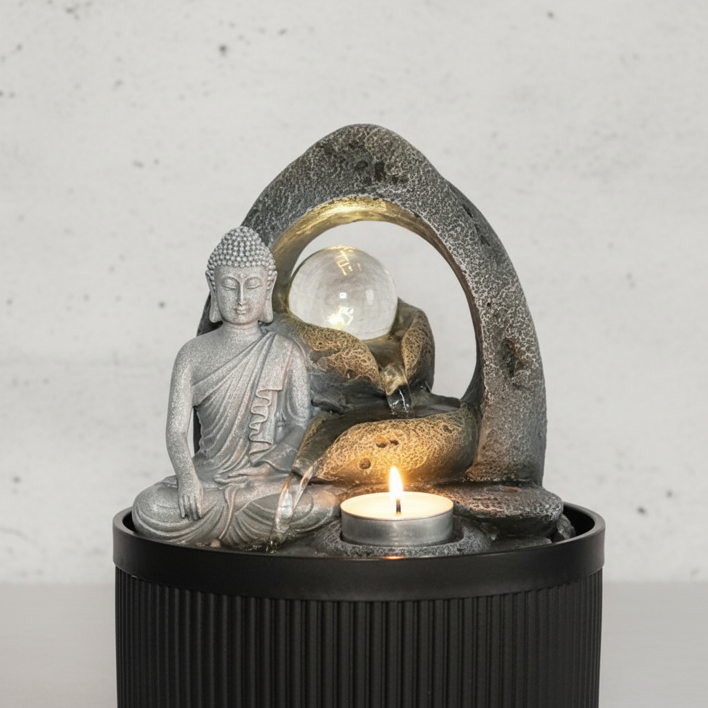 Fuente De Agua Mediana Buda Meditando Rocas Cascada 26cm - Imagen 9
