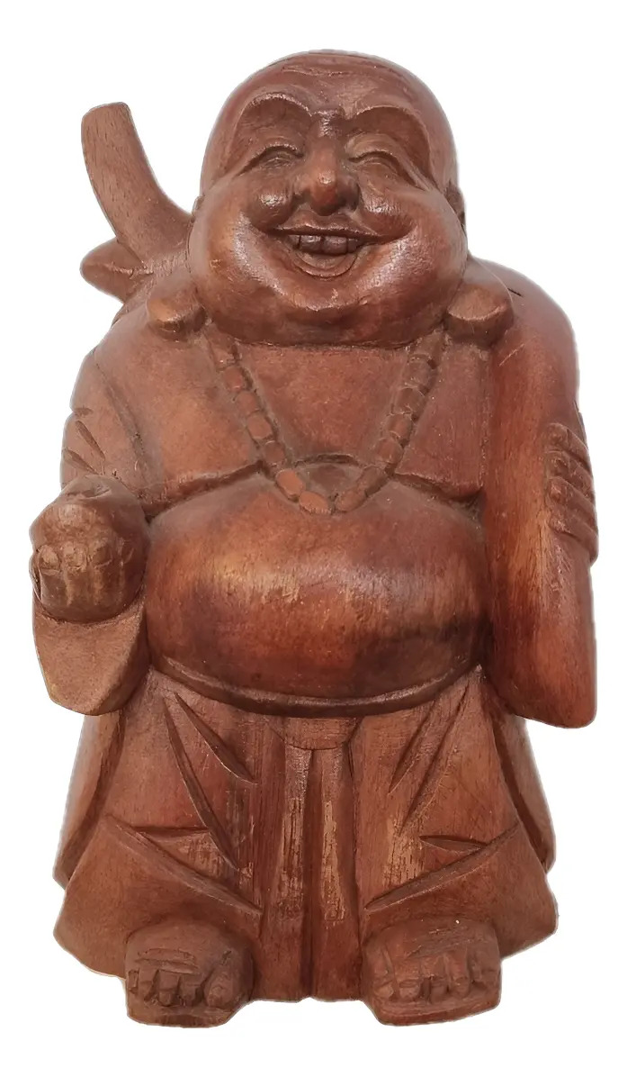 Buda Feliz Parado 22cm Madera Teka Suerte Abundancia Dinero