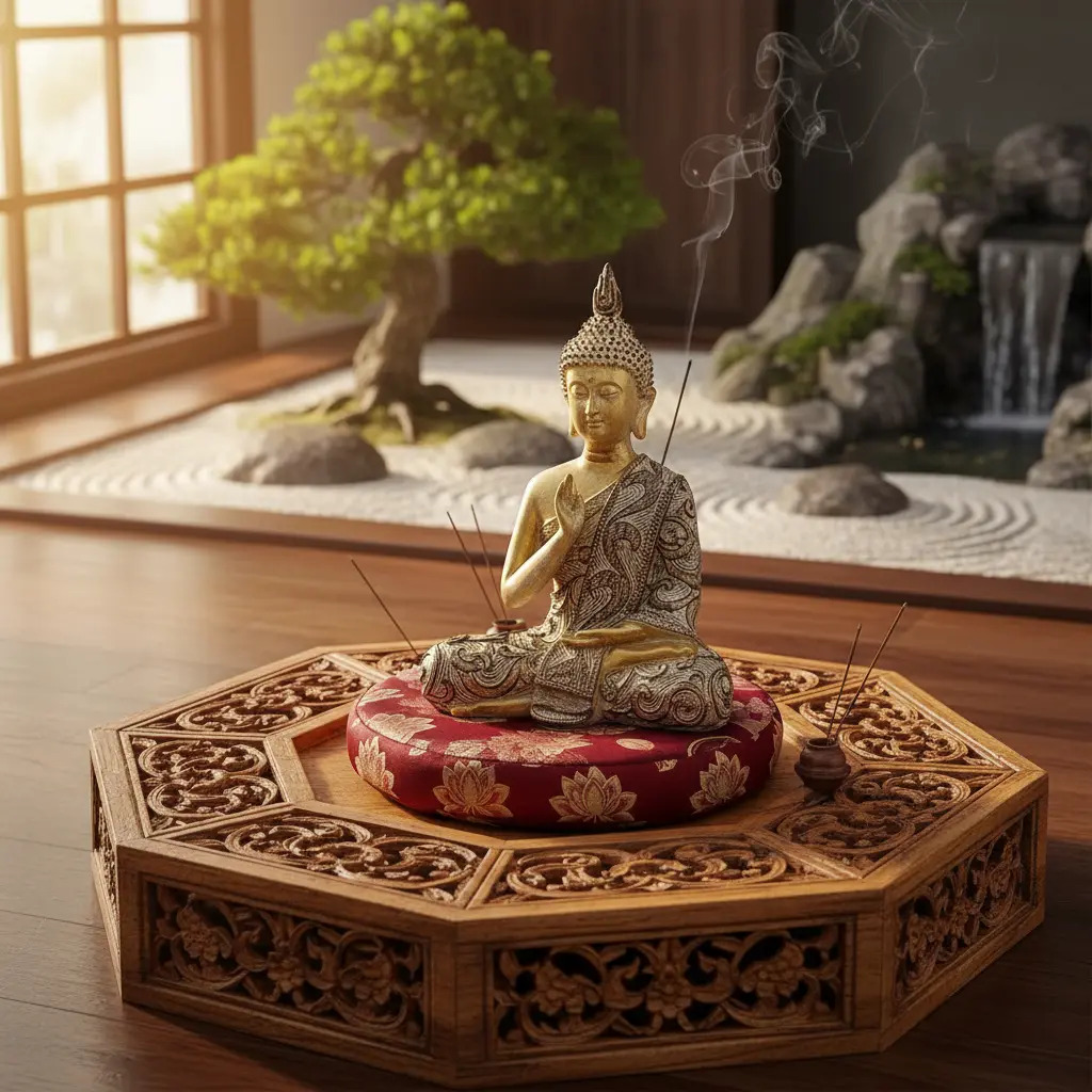 Buda Hindú Meditando Meditando Dorado Con Relieve Deco 21cm - Imagen 4