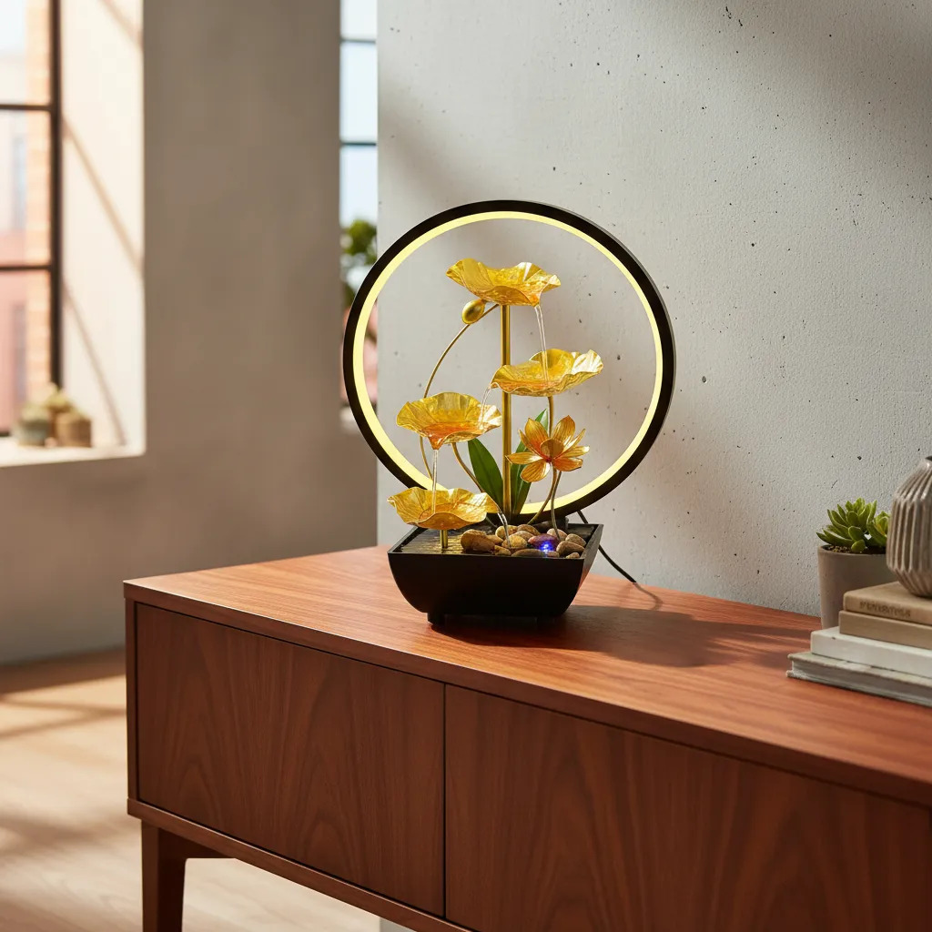Fuente De Agua Grande Loto En Flor Cascada Aro Luz 38cm - Imagen 11