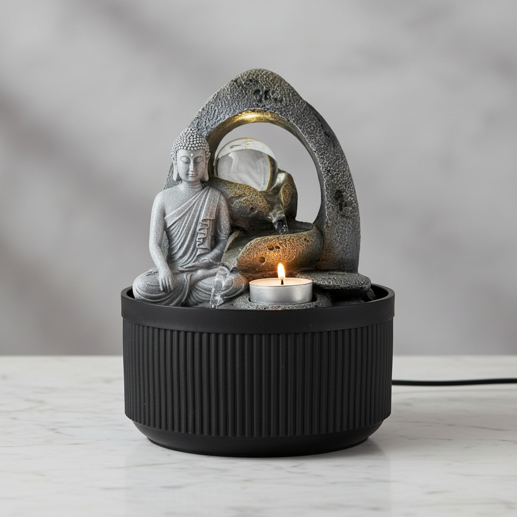 Fuente De Agua Mediana Buda Meditando Rocas Cascada 26cm - Imagen 6
