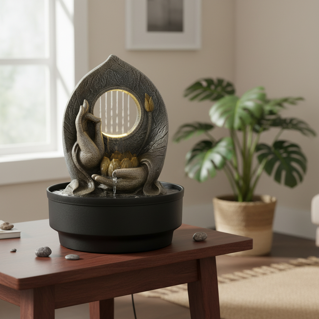Fuente De Agua Mediana Mano Loto Lluvia Cascada Led 30cm - Imagen 2