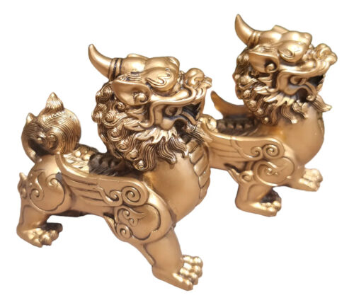 Set Pareja Perros Fu Alas Original Importado Dorado 11cm