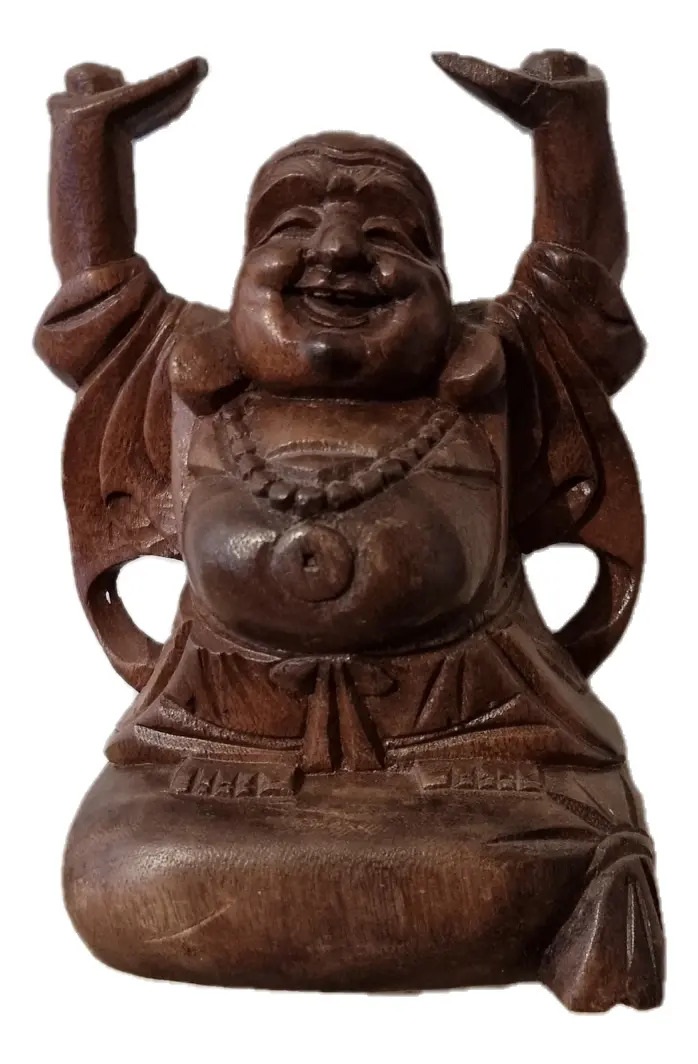 Buda Feliz Parado 22cm Madera Teka Suerte Abundancia Dinero - Imagen 5
