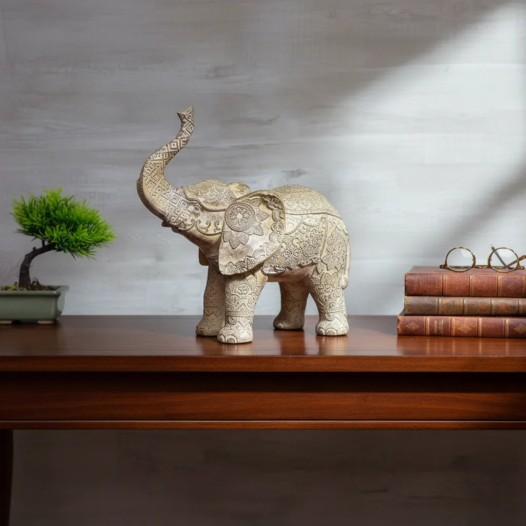 Elefante Sabiduría Longevidad Parado Mandala Gris Deco 27cm - Imagen 6