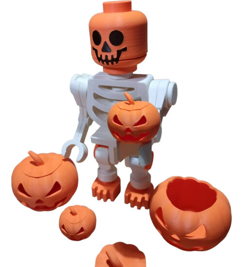 Kit Muñeco Simil Lego Esqueleto + 4 Calabazas Halloween