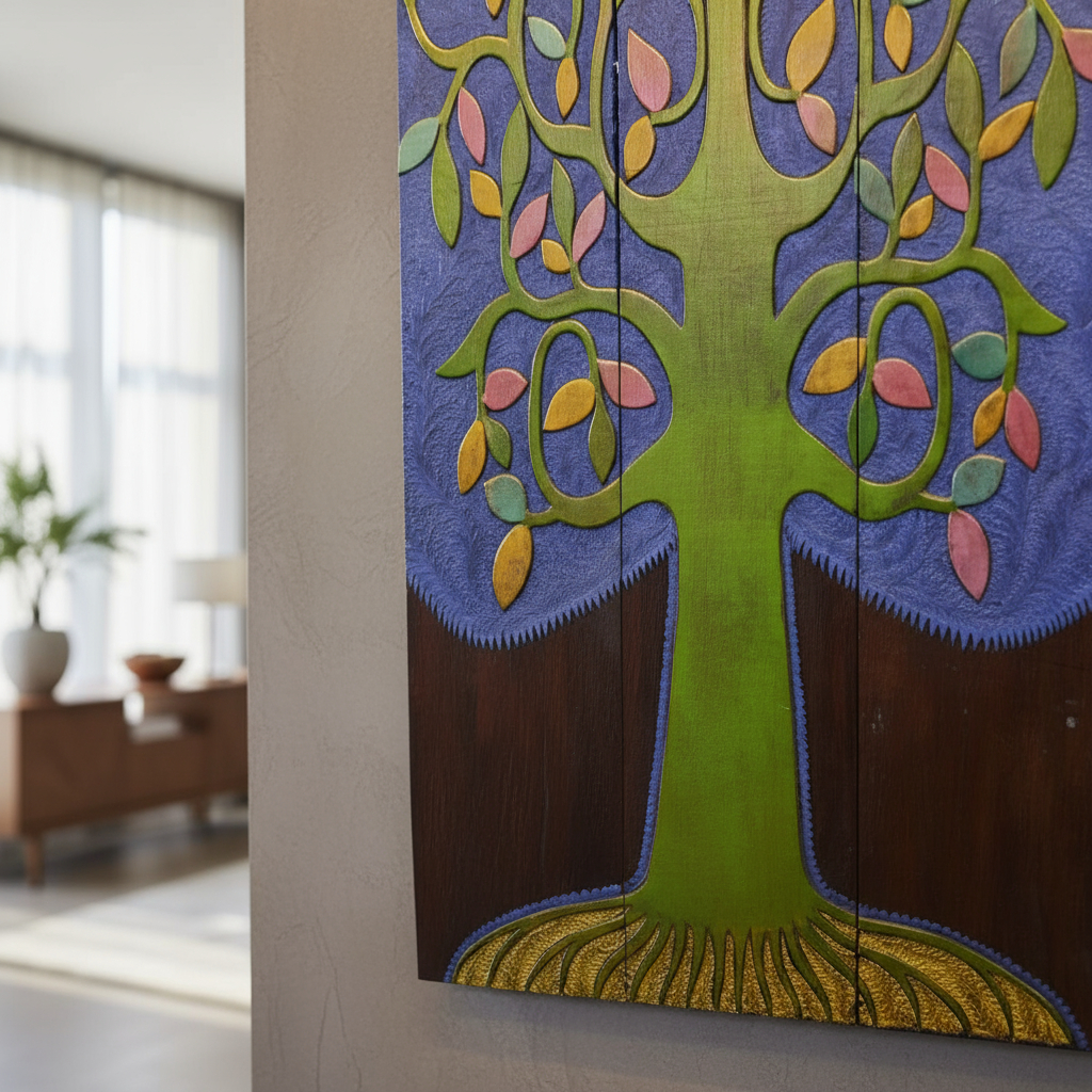 Cuadro Triptico Tallado Madera Arbol De La Vida Bali 200cm - Imagen 8