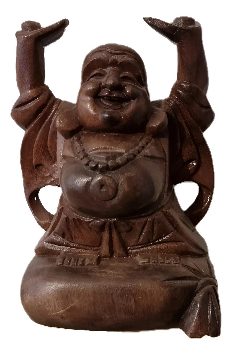 Buda Feliz Parado 22cm Madera Teka Suerte Abundancia Dinero - Imagen 3