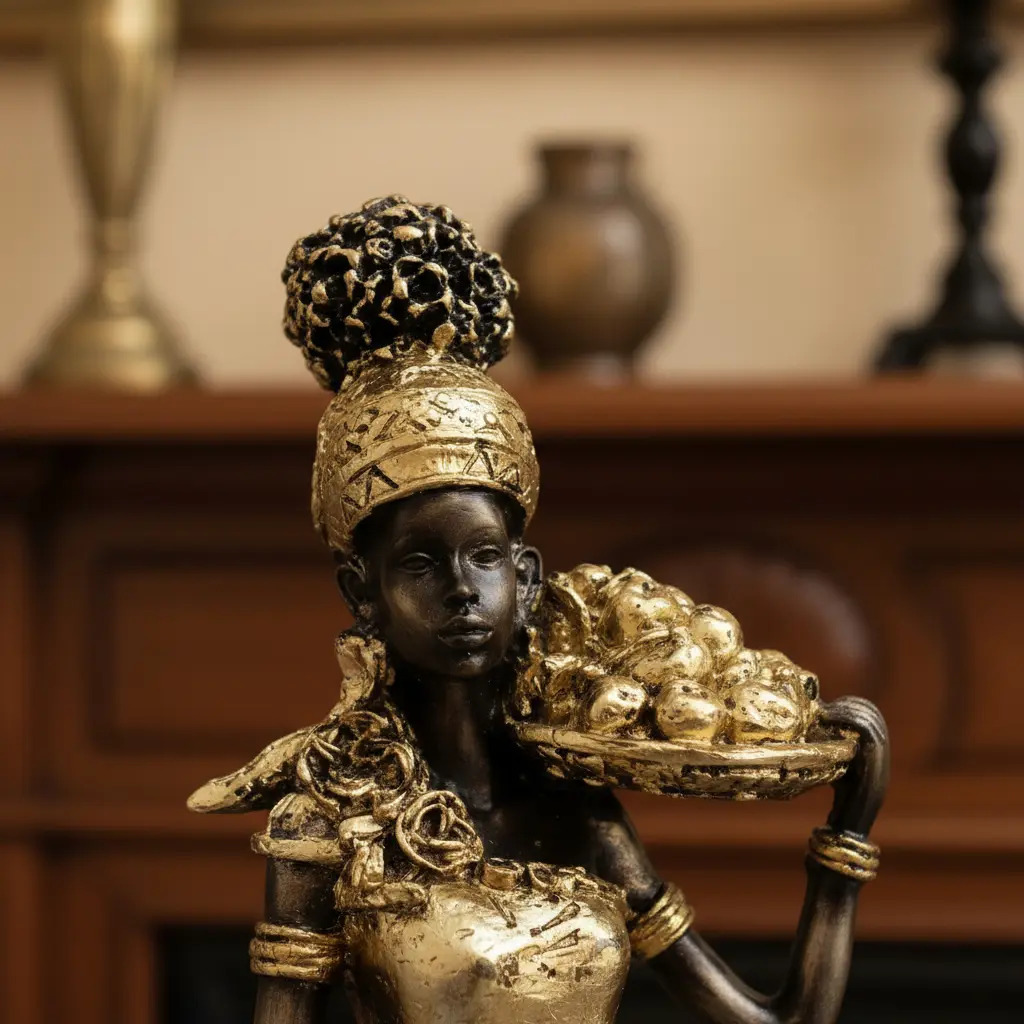 Mujer Africana Con Jarrón Dorado Femenina Arte África - Imagen 9