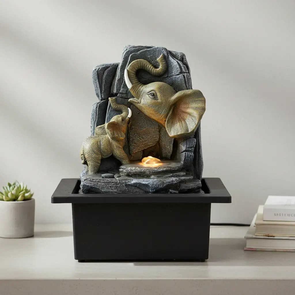Fuente De Agua Mediana Familia Elefantes Cascada Led 25cm - Imagen 4