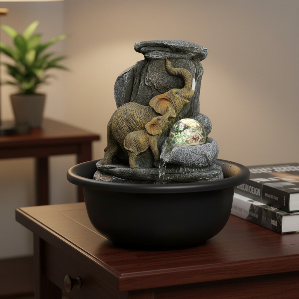 Fuente De Agua Mediana Elefantes Cascada Esfera Luz 25cm - Imagen 8