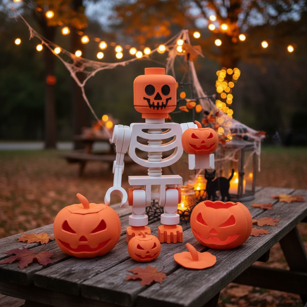 Kit Muñeco Simil Lego Esqueleto + 4 Calabazas Halloween - Imagen 8