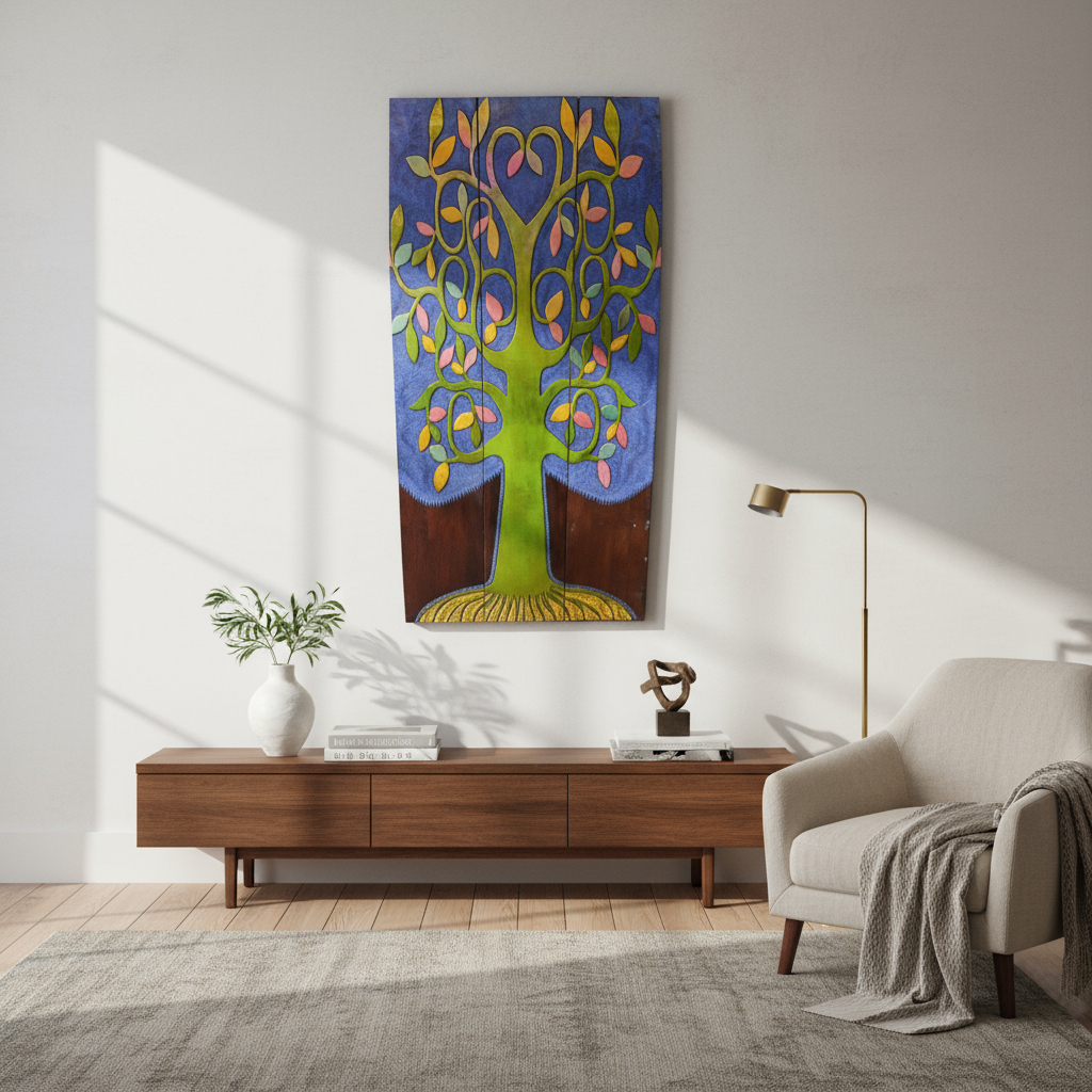 Cuadro Triptico Tallado Madera Arbol De La Vida Bali 200cm - Imagen 2