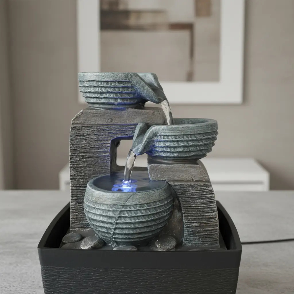 Fuente De Agua Chica Minimalista Gris Cascada Luz Led Oferta - Imagen 6