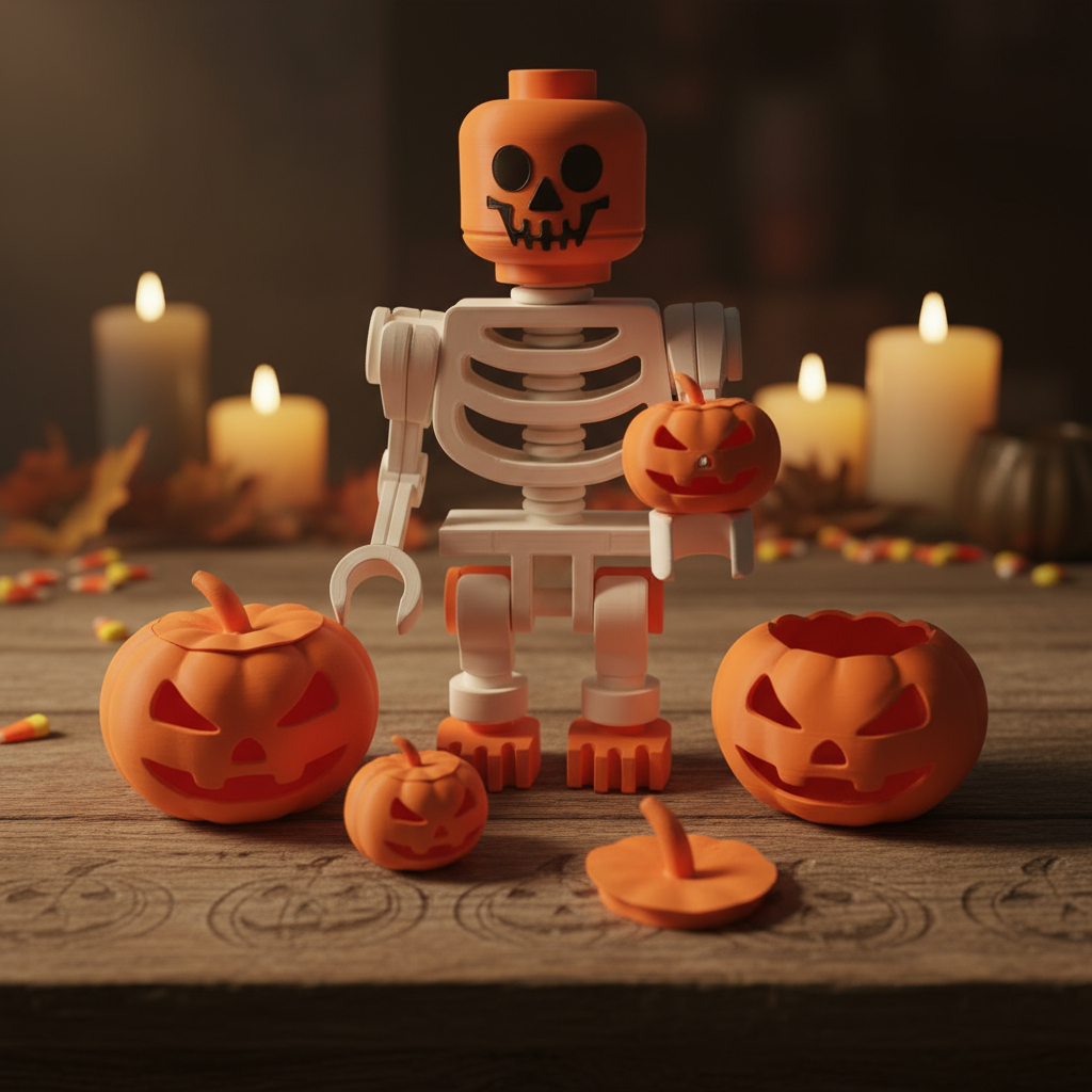 Kit Muñeco Simil Lego Esqueleto + 4 Calabazas Halloween - Imagen 2