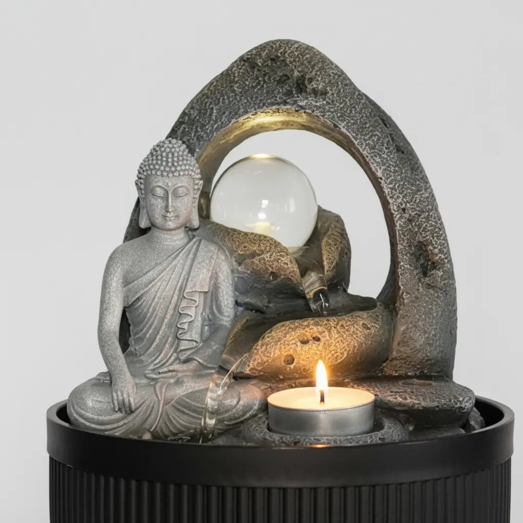 Fuente De Agua Mediana Buda Meditando Rocas Cascada 26cm - Imagen 5