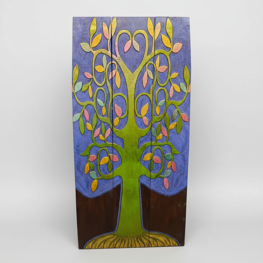 Cuadro Triptico Tallado Madera Arbol De La Vida Bali 200cm - Imagen 3