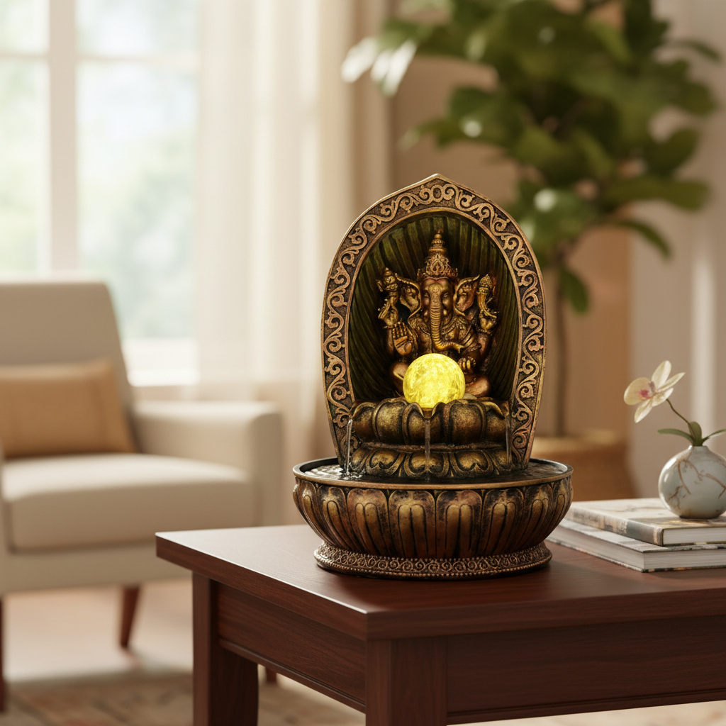 Fuente De Agua Mediana Ganesh Altar Esfera Cascada Led 30cm - Imagen 2