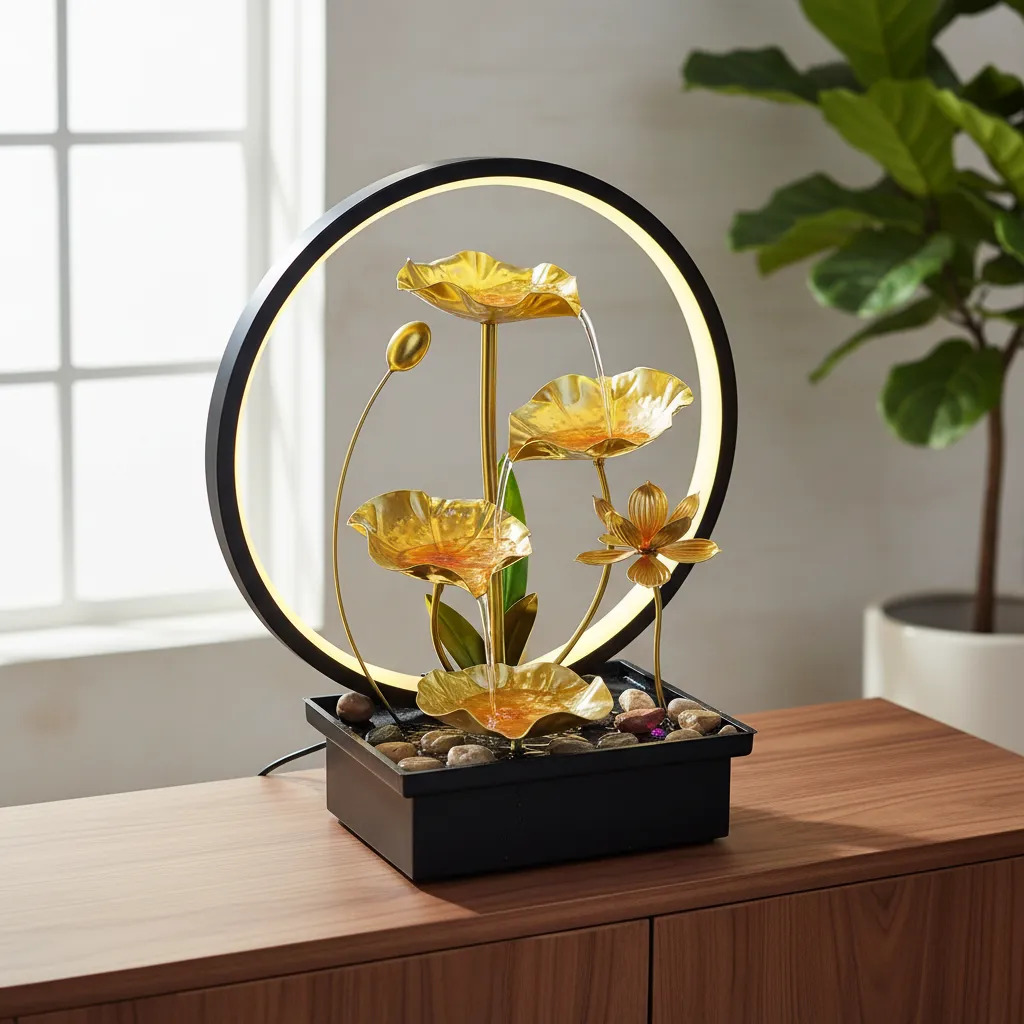 Fuente De Agua Grande Loto En Flor Cascada Aro Luz 38cm - Imagen 7