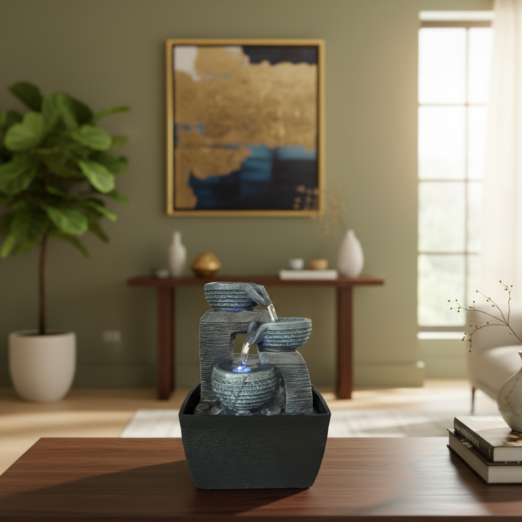 Fuente De Agua Chica Minimalista Gris Cascada Luz Led Oferta - Imagen 2