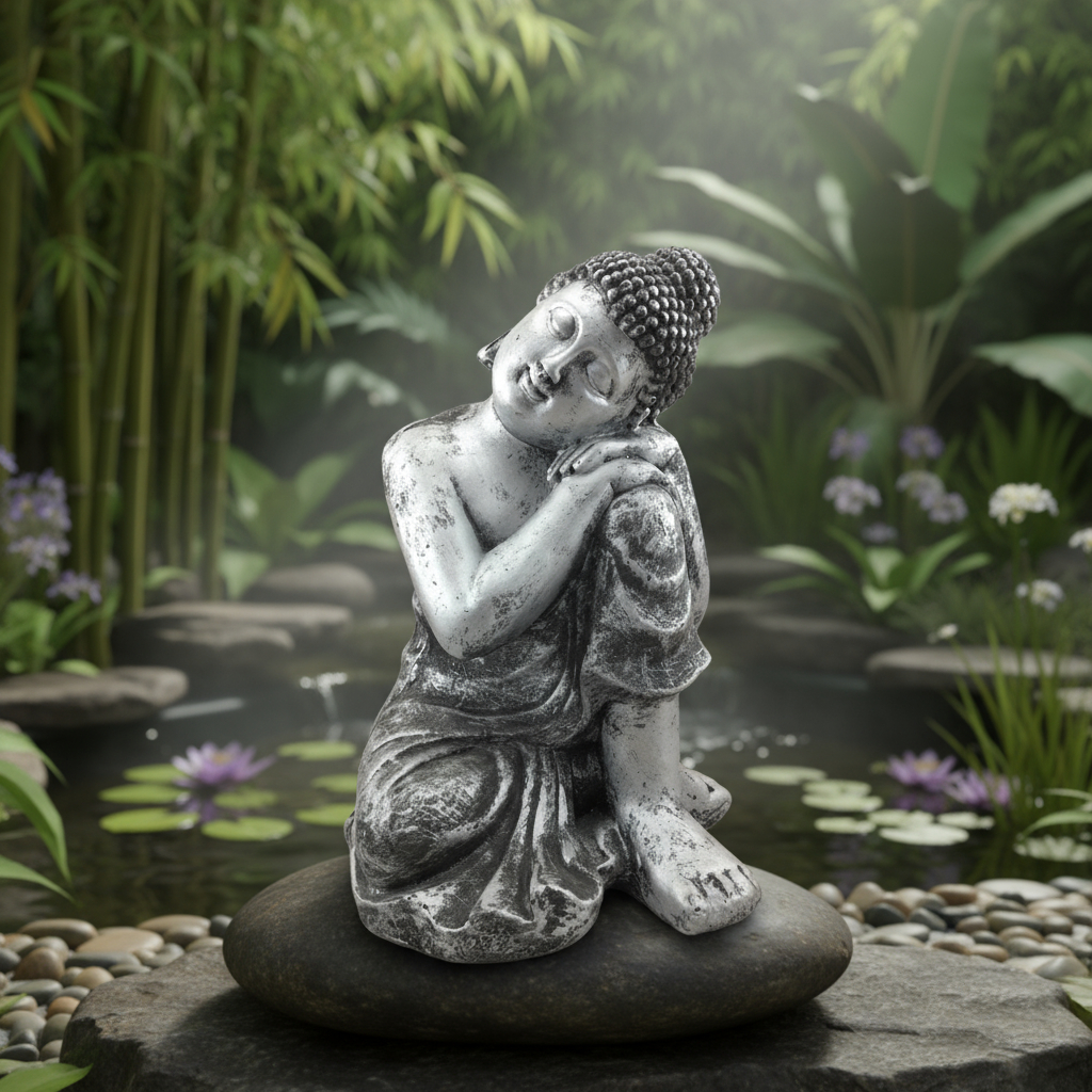 Buda Hindú Reposando Plateado Deco Interior Exterior 36cm - Imagen 6