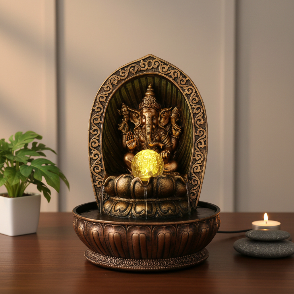 Fuente De Agua Mediana Ganesh Altar Esfera Cascada Led 30cm - Imagen 3