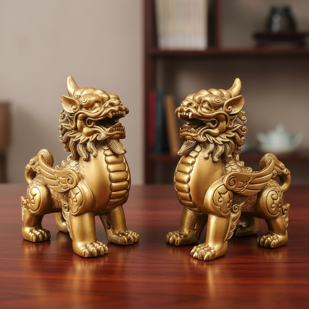 Set Pareja Perros Fu Alas Original Importado Dorado 11cm - Imagen 3