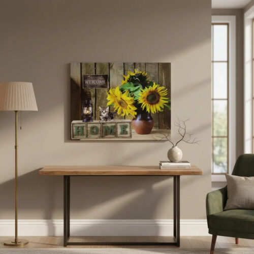 Cuadro Welcome Home Girasoles Gato Farol Con Luz Led 30x40cm