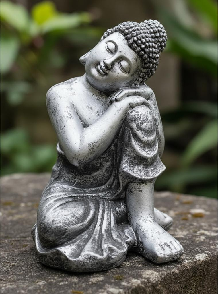 Buda Hindú Reposando Plateado Deco Interior Exterior 36cm - Imagen 4