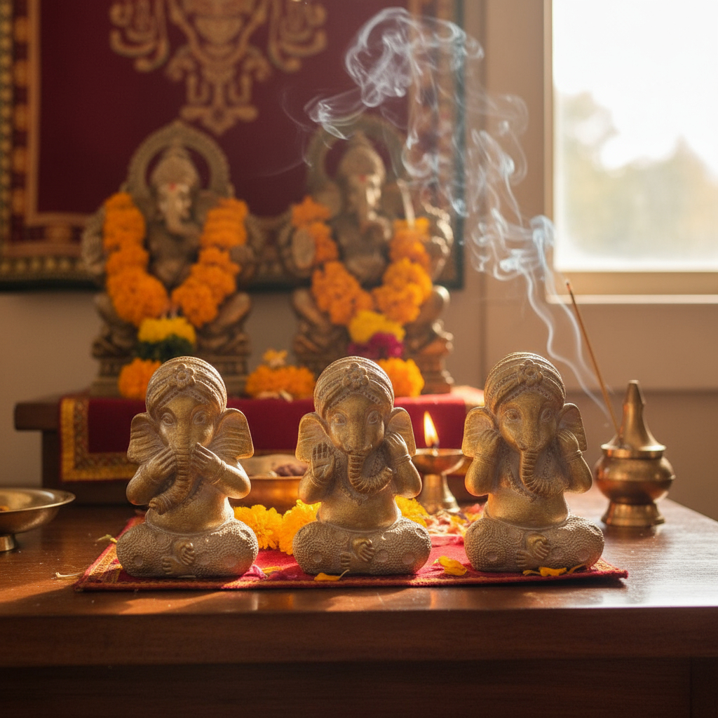 Set Ganesh Sabios Meditando Estatua Ciego Sordo Mudo 11cm - Imagen 2