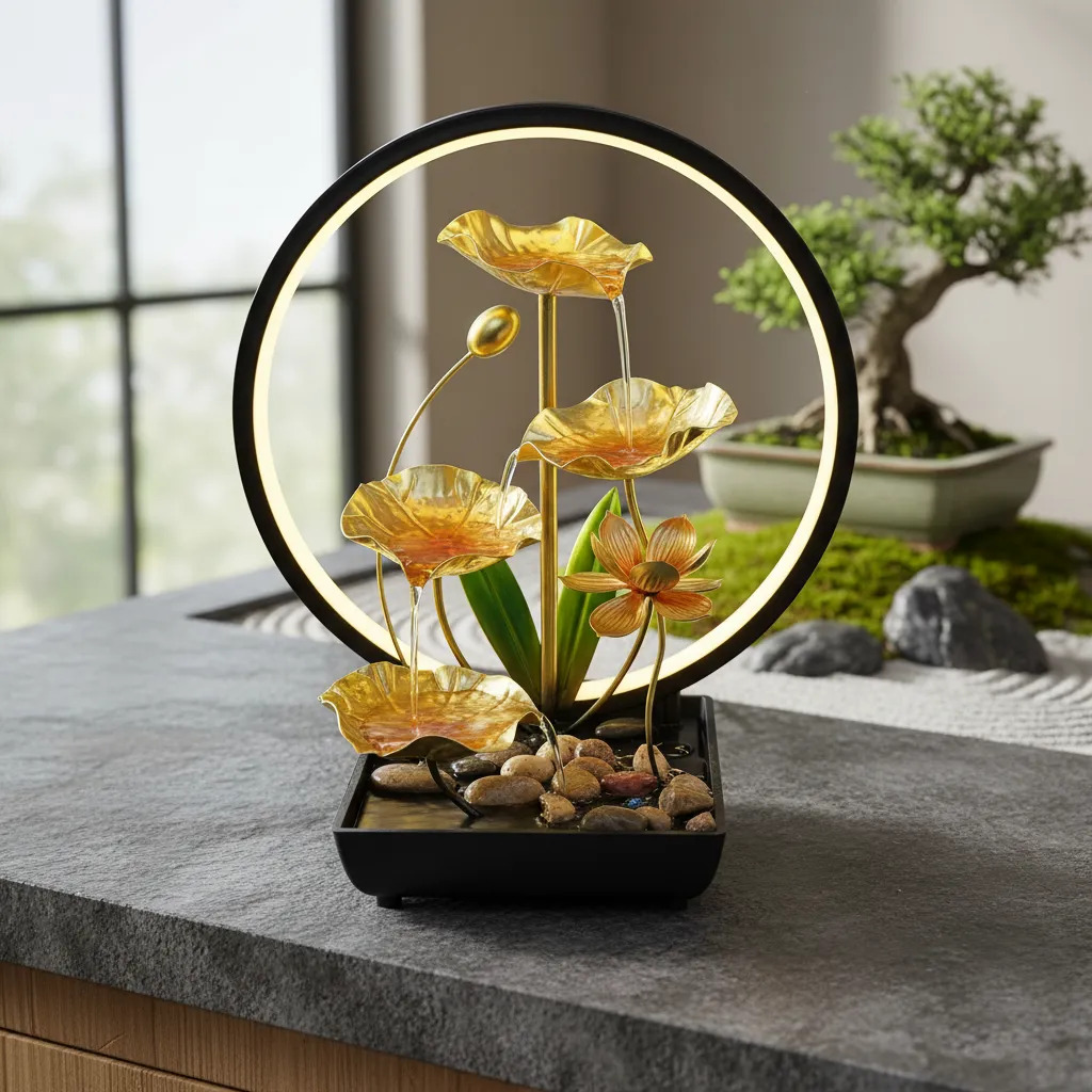 Fuente De Agua Grande Loto En Flor Cascada Aro Luz 38cm - Imagen 3