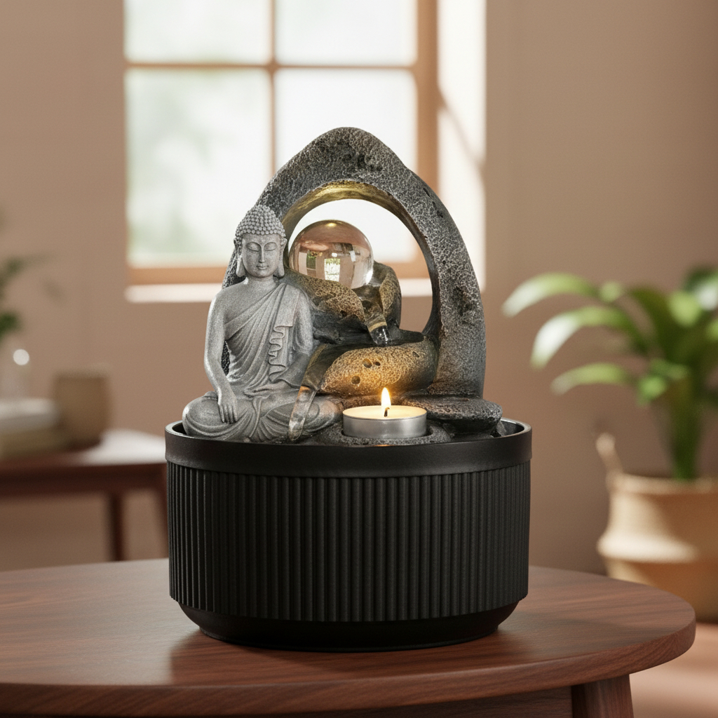 Fuente De Agua Mediana Buda Meditando Rocas Cascada 26cm - Imagen 2