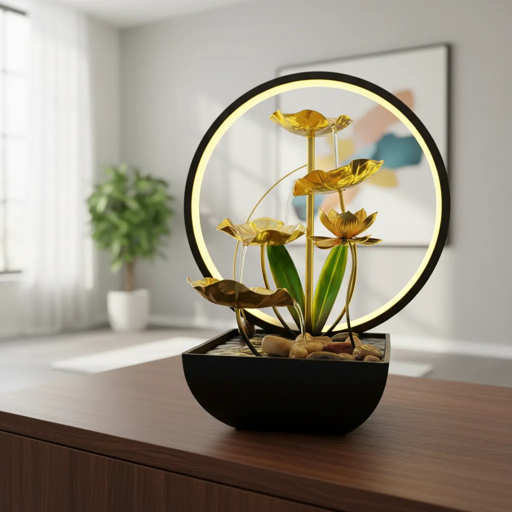 Fuente De Agua Grande Loto En Flor Cascada Aro Luz 38cm - Imagen 5