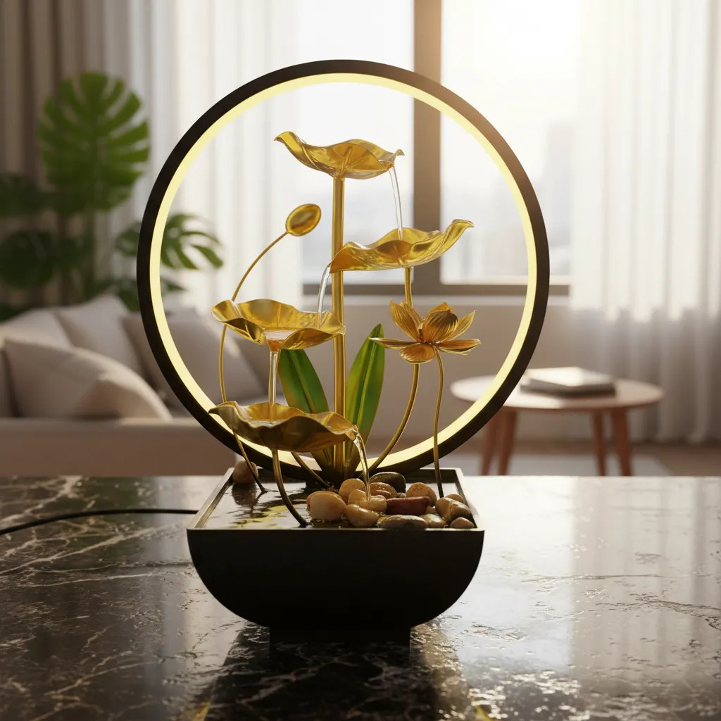 Fuente De Agua Grande Loto En Flor Cascada Aro Luz 38cm - Imagen 4