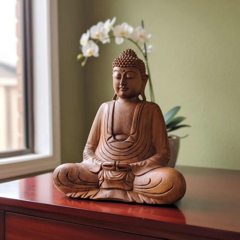 Buda Sentado Meditando Madera Teka Tallado A Mano 50cm - Imagen 7