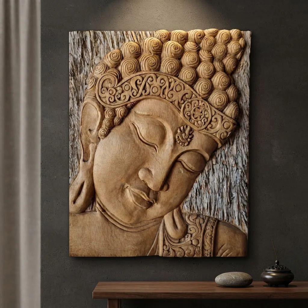 Cuadro De Buda Talla De Madera Bali 50 X 60cm Relieve Ct